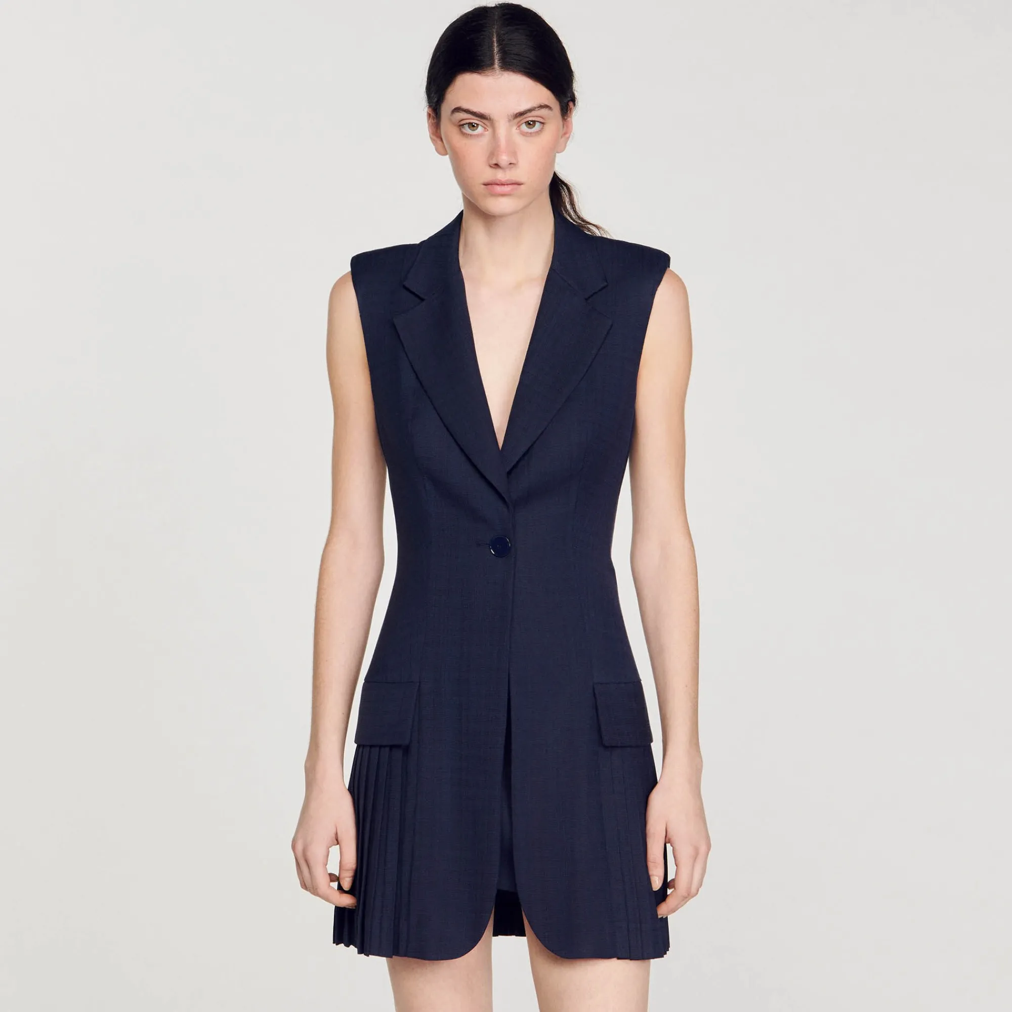Robes*SANDRO Robe Courte Tailleur Plissée Bleu marine