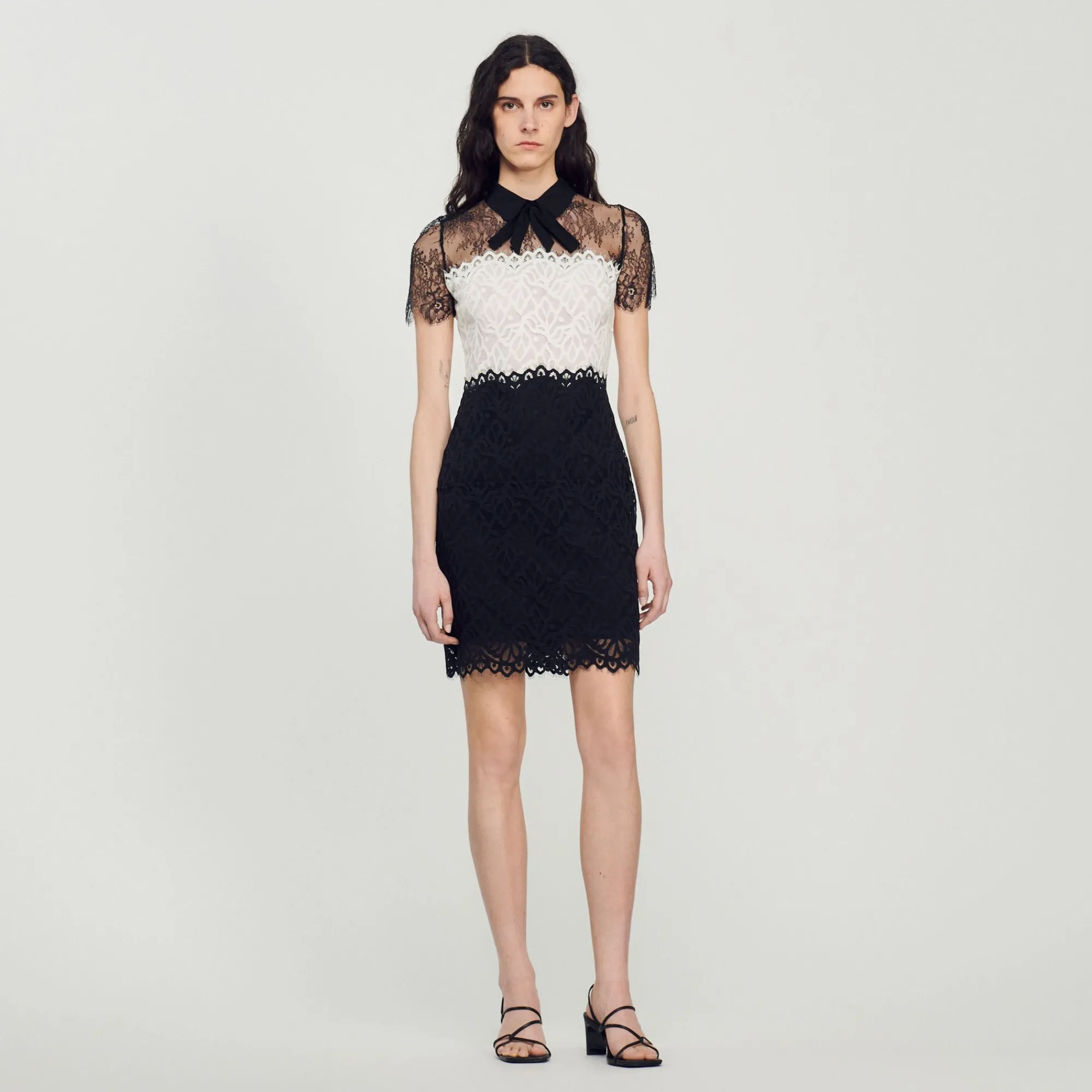Robes*SANDRO Robe En Dentelle Bi-couleur Ecru