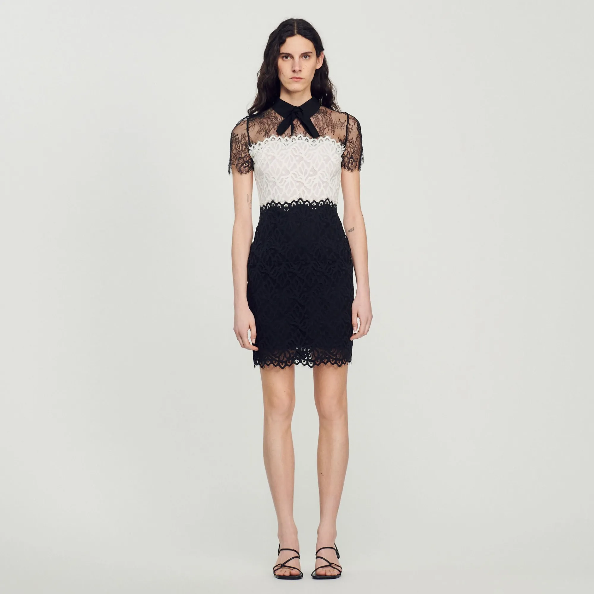 Robes*SANDRO Robe En Dentelle Bi-couleur Ecru