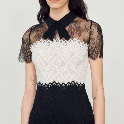 Robes*SANDRO Robe En Dentelle Bi-couleur Ecru