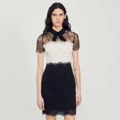 Robes*SANDRO Robe En Dentelle Bi-couleur Ecru