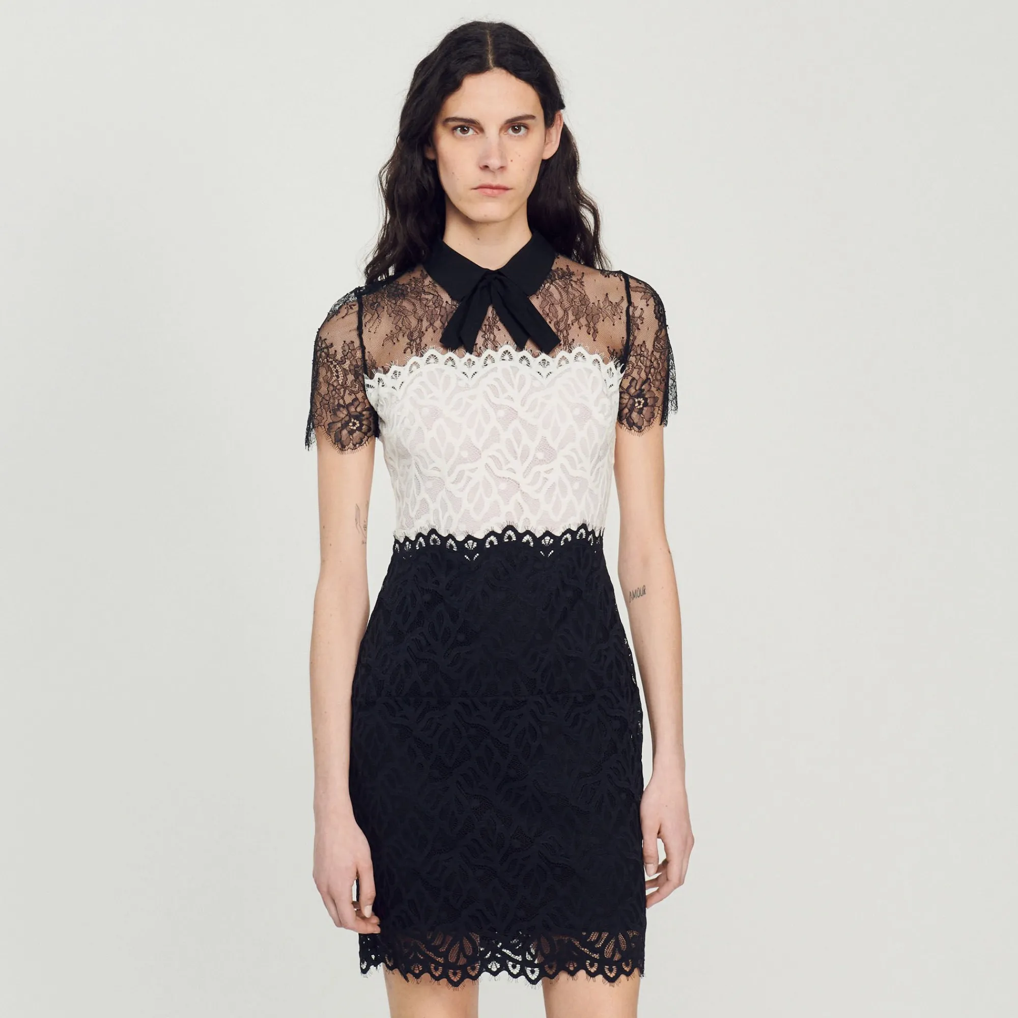Robes*SANDRO Robe En Dentelle Bi-couleur Ecru