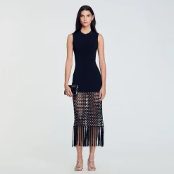Robes*SANDRO Robe En Maille à Franges Noir