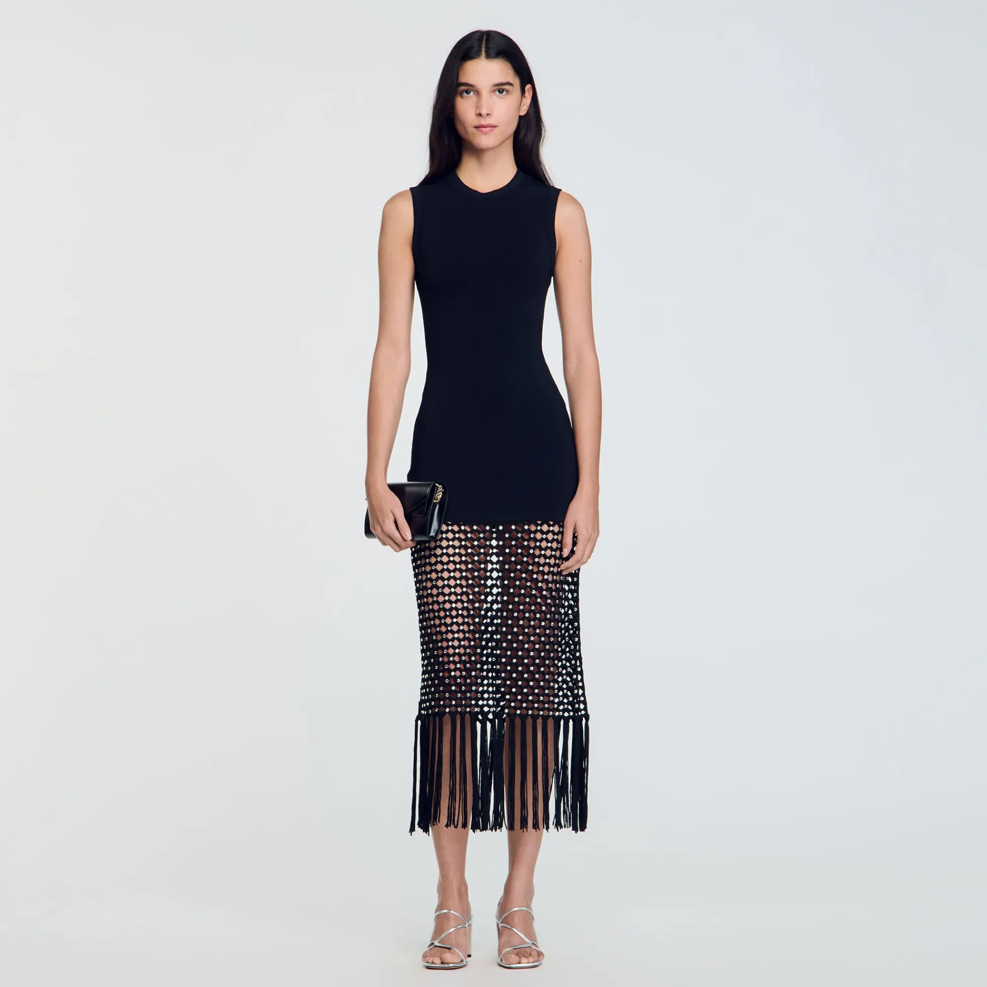Robes*SANDRO Robe En Maille à Franges Noir