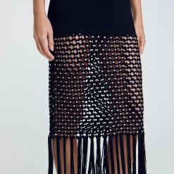 Robes*SANDRO Robe En Maille à Franges Noir