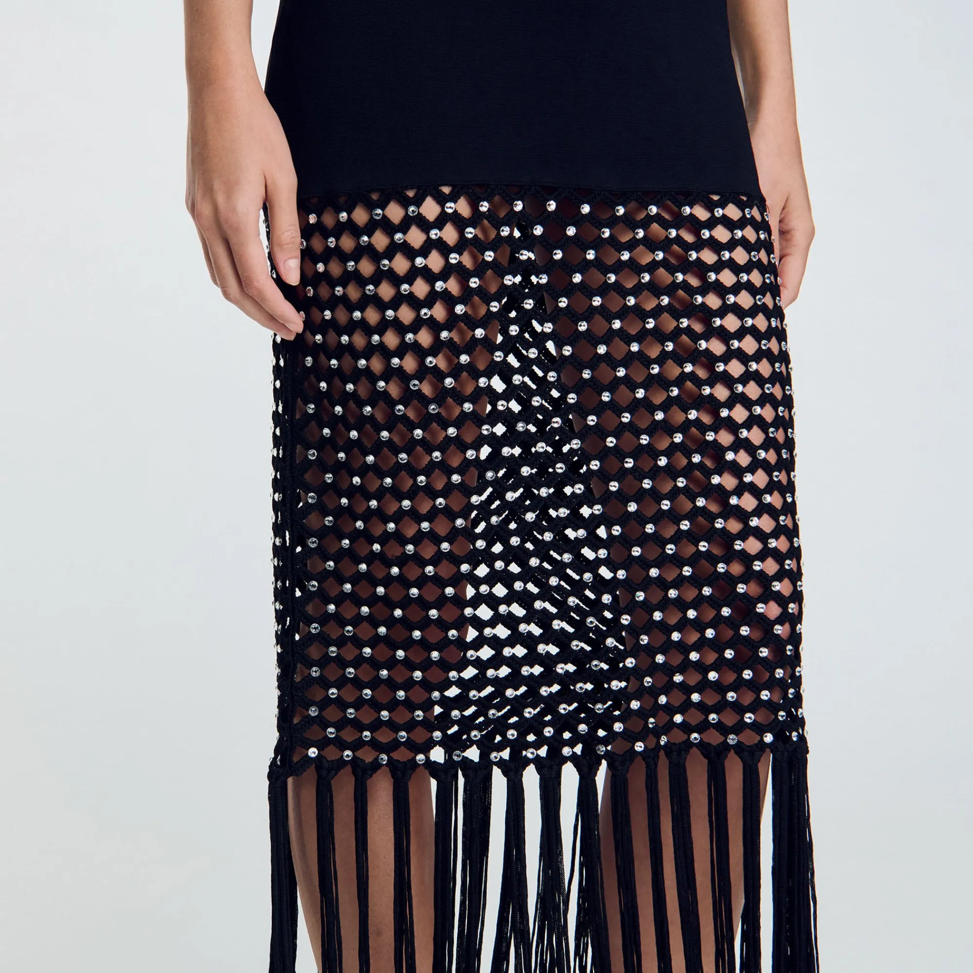 Robes*SANDRO Robe En Maille à Franges Noir