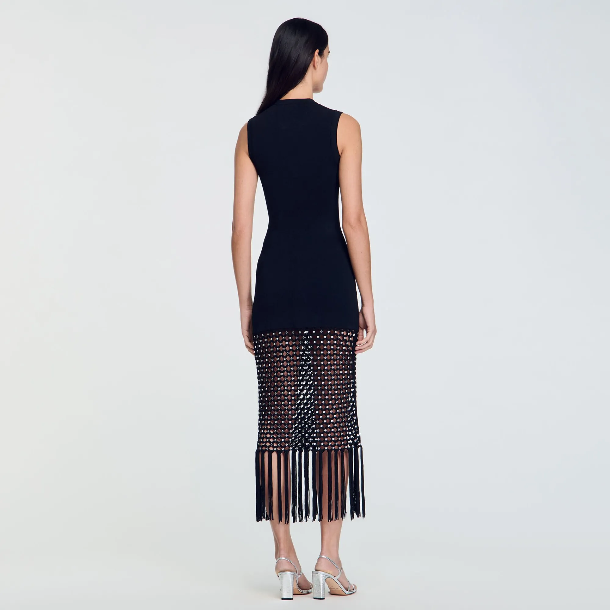 Robes*SANDRO Robe En Maille à Franges Noir