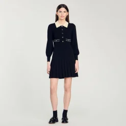 Robes*SANDRO Robe En Maille Plissée Noir / Ecru
