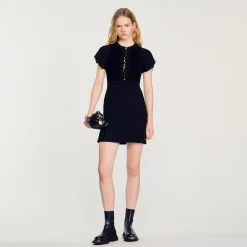 Robes*SANDRO Robe En Maille Plissée Noir