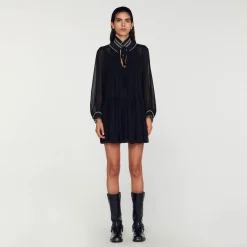 Robes*SANDRO Robe Fluide En Mousseline Noir
