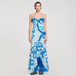 Robes*SANDRO Robe Imprimée à Volants Bleu / Blanc