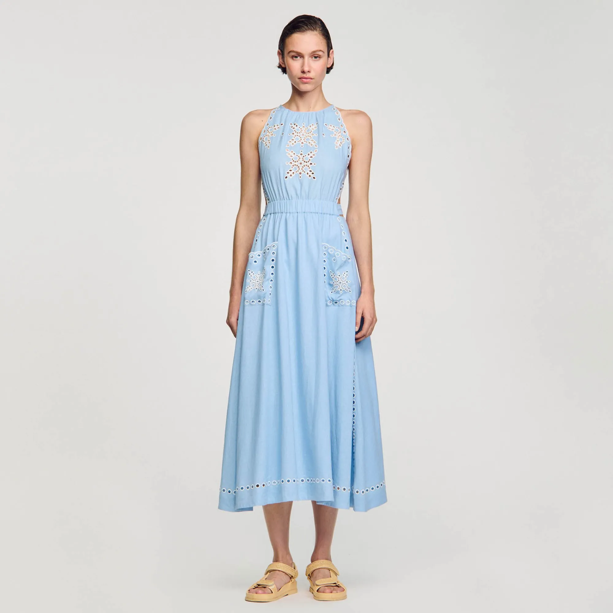 Robes*SANDRO Robe Longue à Broderies Anglaises Bleu Ciel