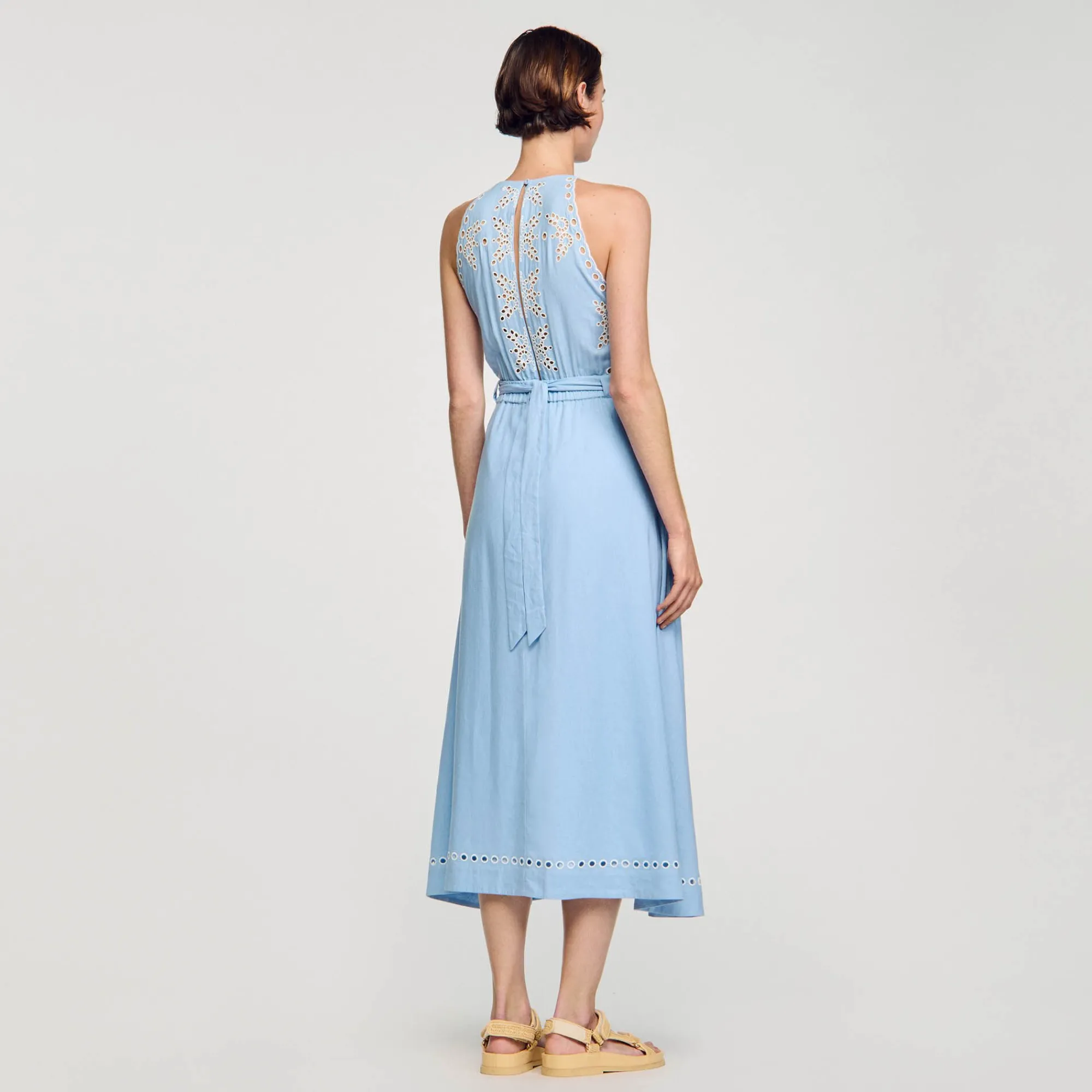 Robes*SANDRO Robe Longue à Broderies Anglaises Bleu Ciel
