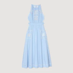 Robes*SANDRO Robe Longue à Broderies Anglaises Bleu Ciel