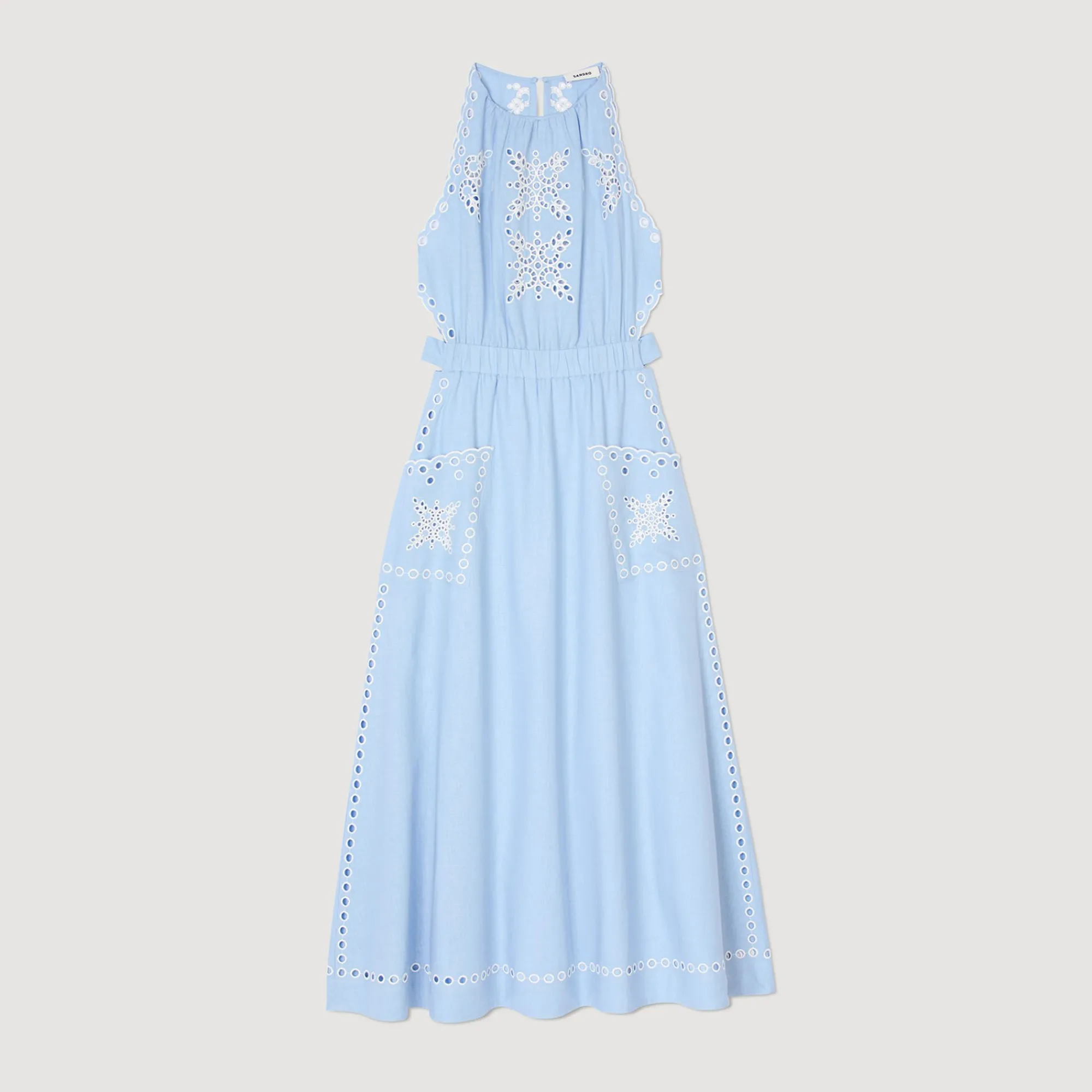 Robes*SANDRO Robe Longue à Broderies Anglaises Bleu Ciel