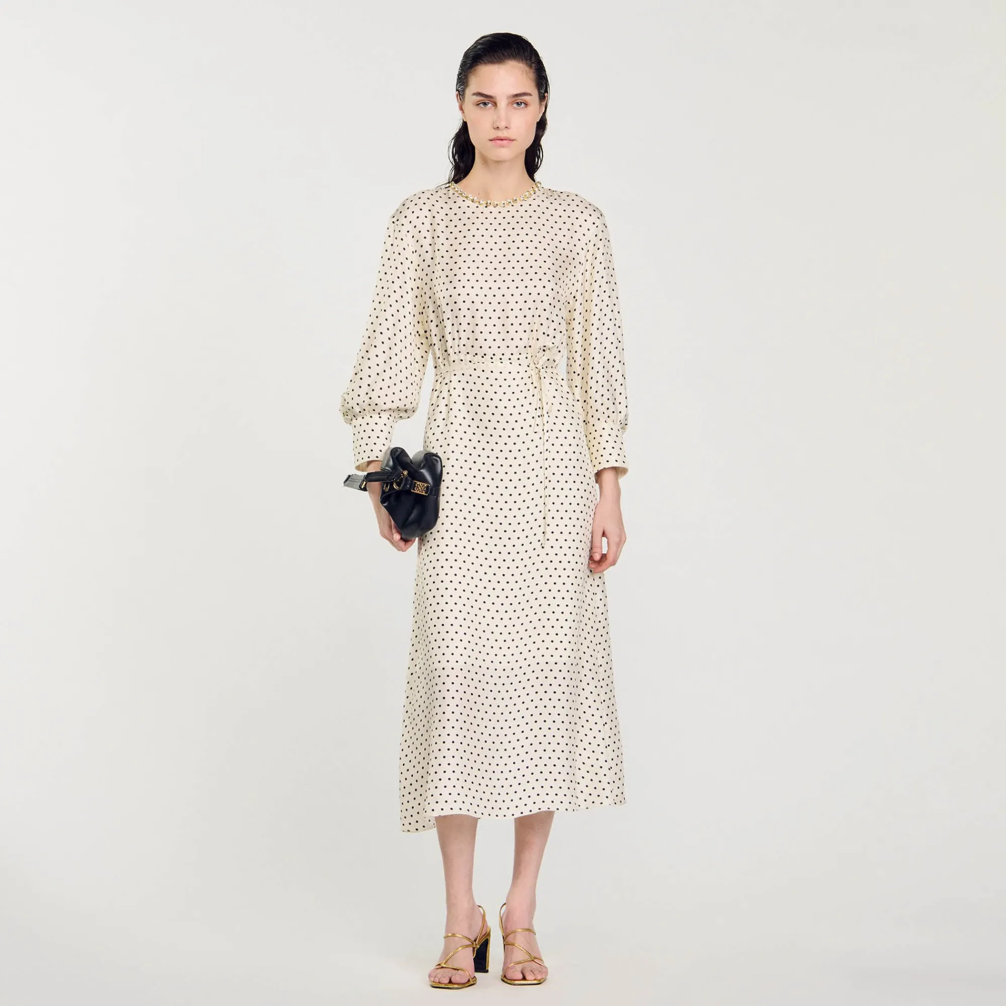 Robes*SANDRO Robe Longue à Pois Ecru / Noir