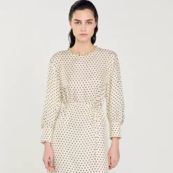 Robes*SANDRO Robe Longue à Pois Ecru / Noir