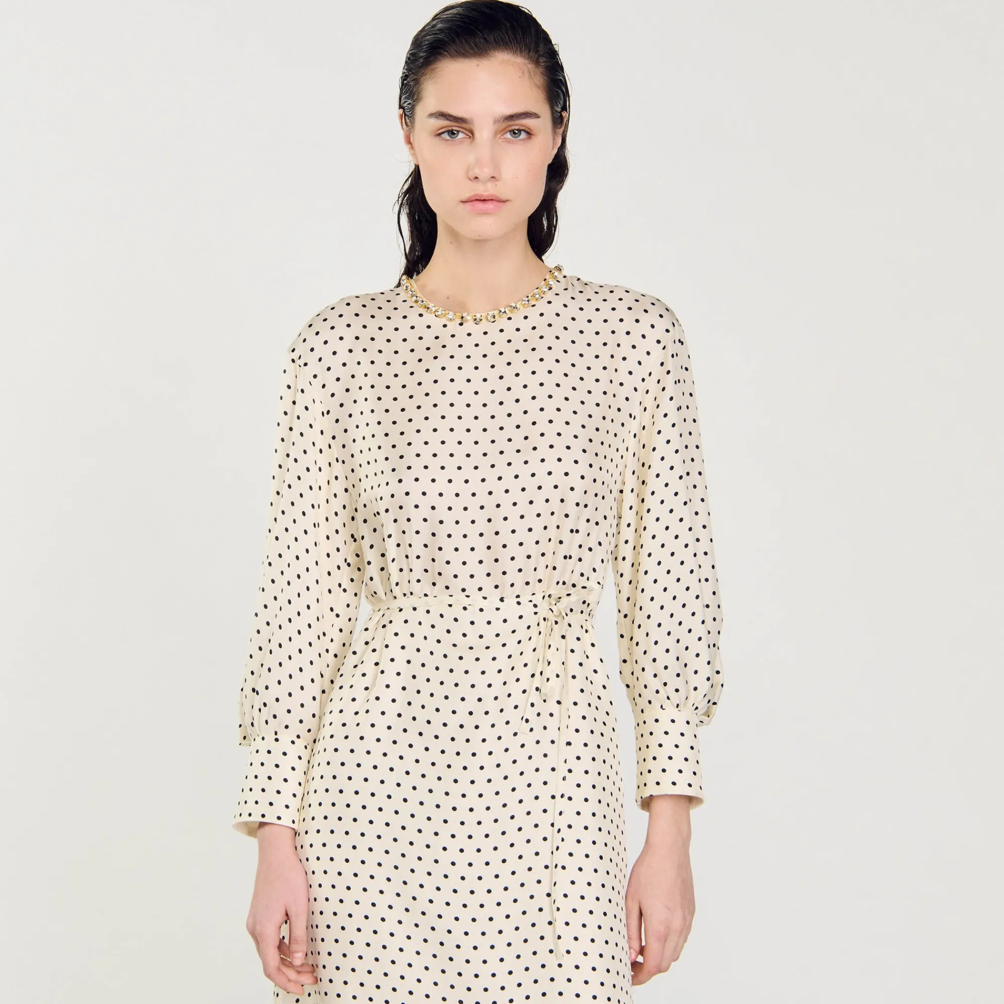 Robes*SANDRO Robe Longue à Pois Ecru / Noir
