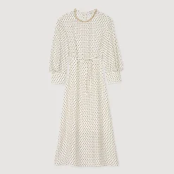 Robes*SANDRO Robe Longue à Pois Ecru / Noir
