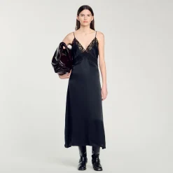 Robes*SANDRO Robe Longue Dentelle Noir