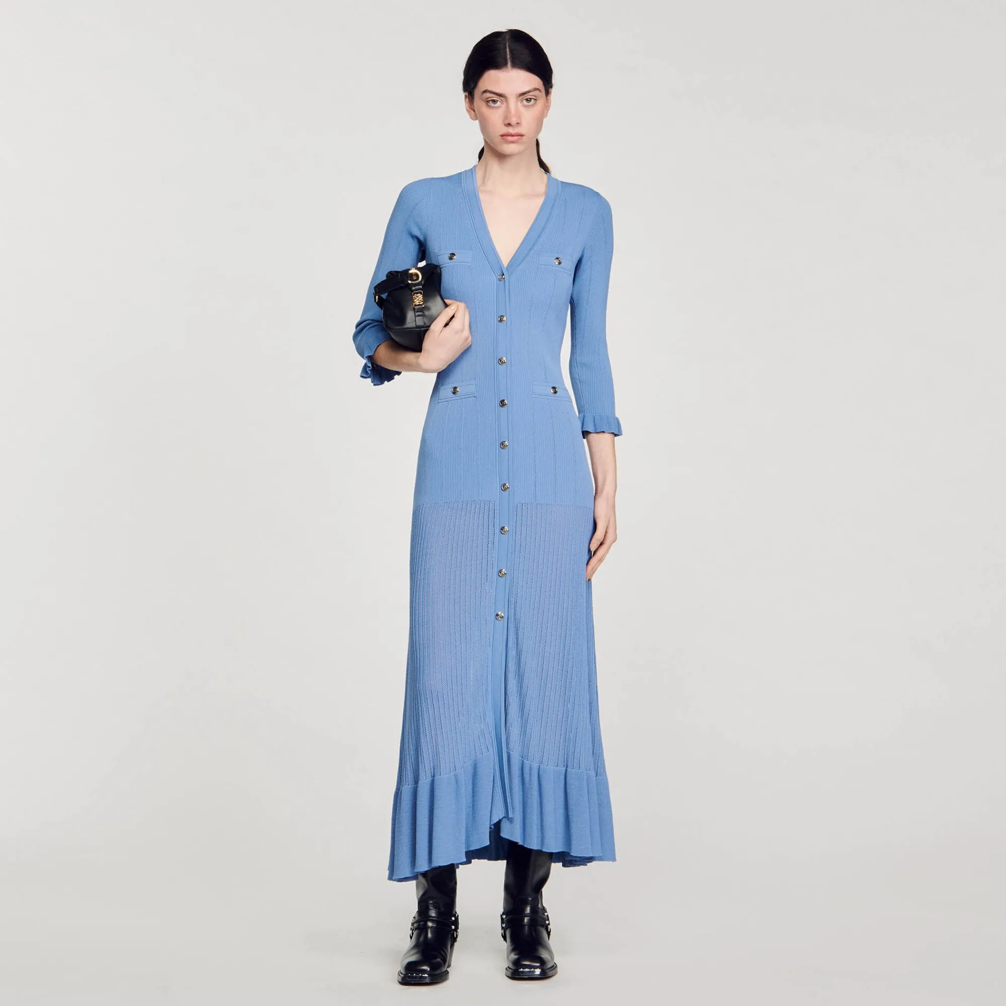 Robes*SANDRO Robe Longue En Maille Bleu