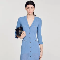 Robes*SANDRO Robe Longue En Maille Bleu