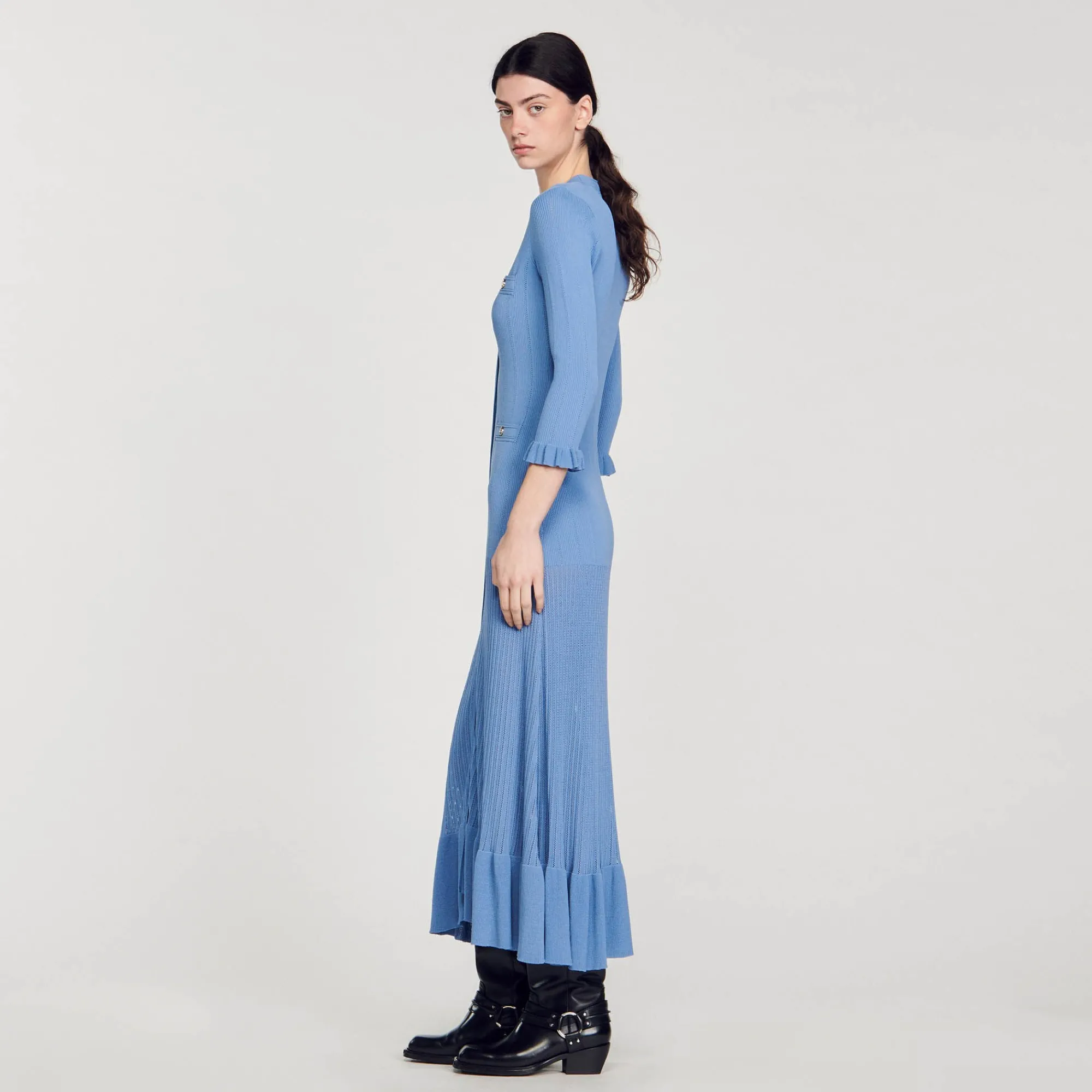 Robes*SANDRO Robe Longue En Maille Bleu