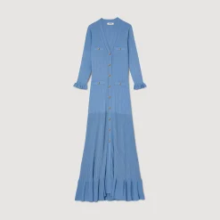 Robes*SANDRO Robe Longue En Maille Bleu