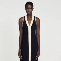 Robes*SANDRO Robe Longue En Maille Noir / Ecru
