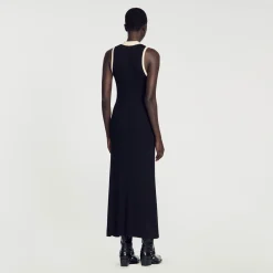 Robes*SANDRO Robe Longue En Maille Noir / Ecru