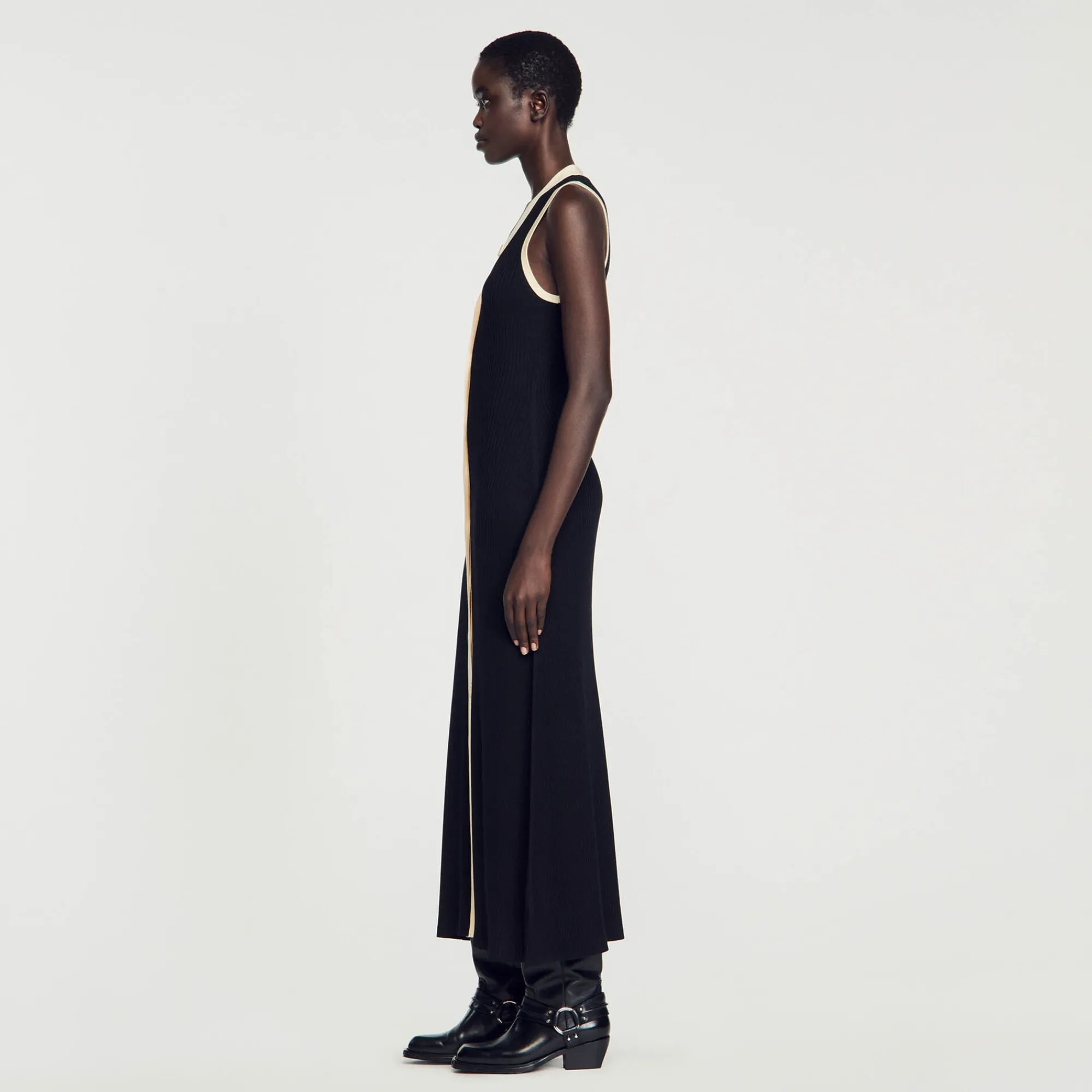 Robes*SANDRO Robe Longue En Maille Noir / Ecru