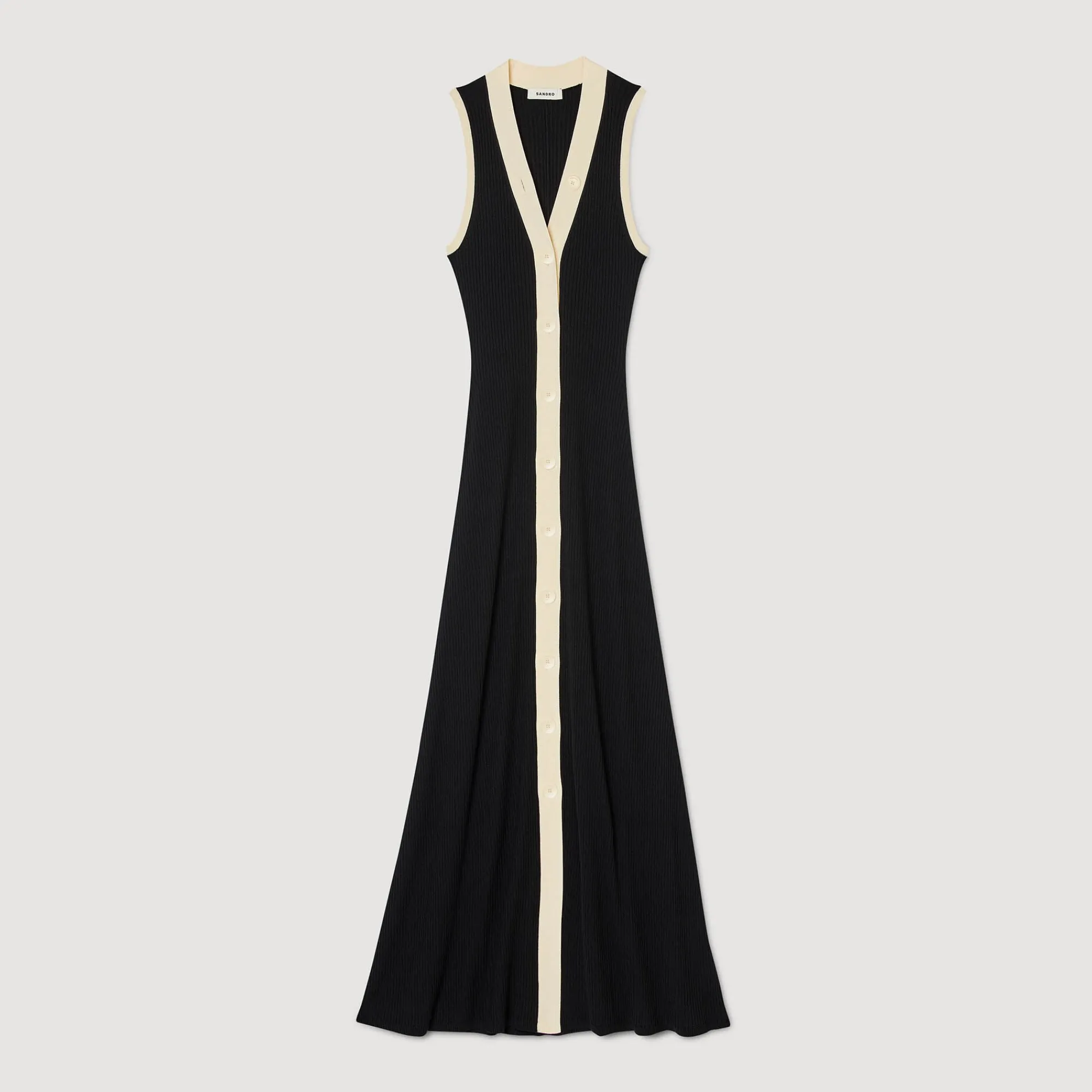 Robes*SANDRO Robe Longue En Maille Noir / Ecru