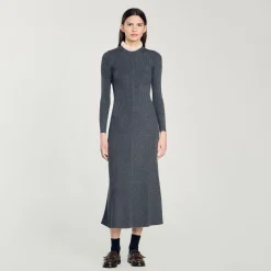 Robes*SANDRO Robe Longue En Maille Gris Foncé