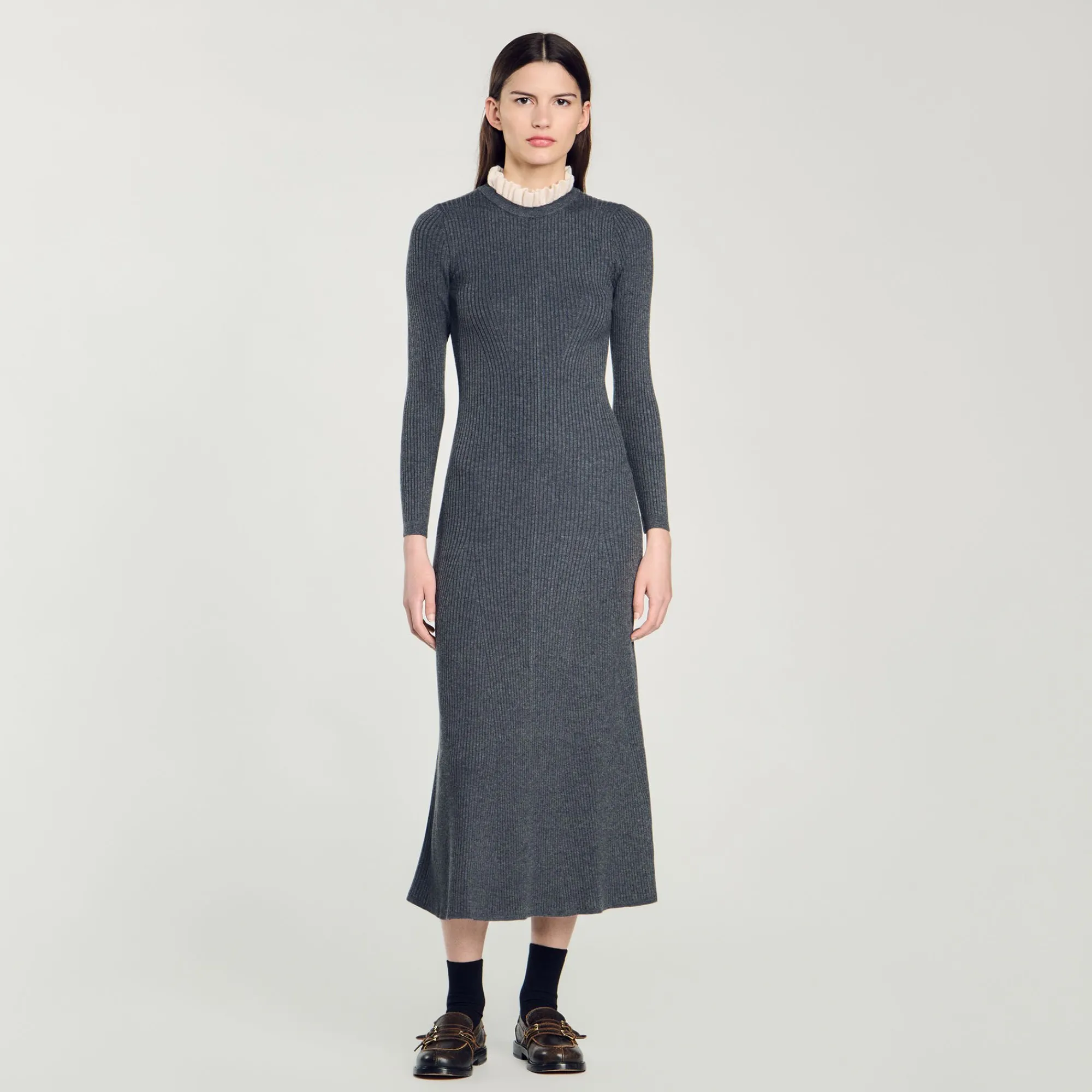 Robes*SANDRO Robe Longue En Maille Gris Foncé