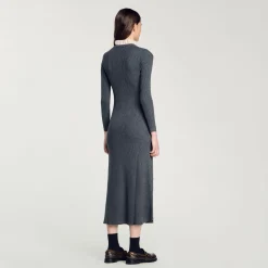 Robes*SANDRO Robe Longue En Maille Gris Foncé