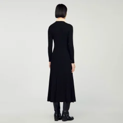 Robes*SANDRO Robe Longue En Maille Côtelée Noir