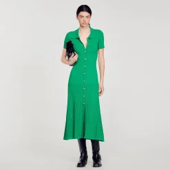 Robes*SANDRO Robe Longue En Maille Côtelée Vert