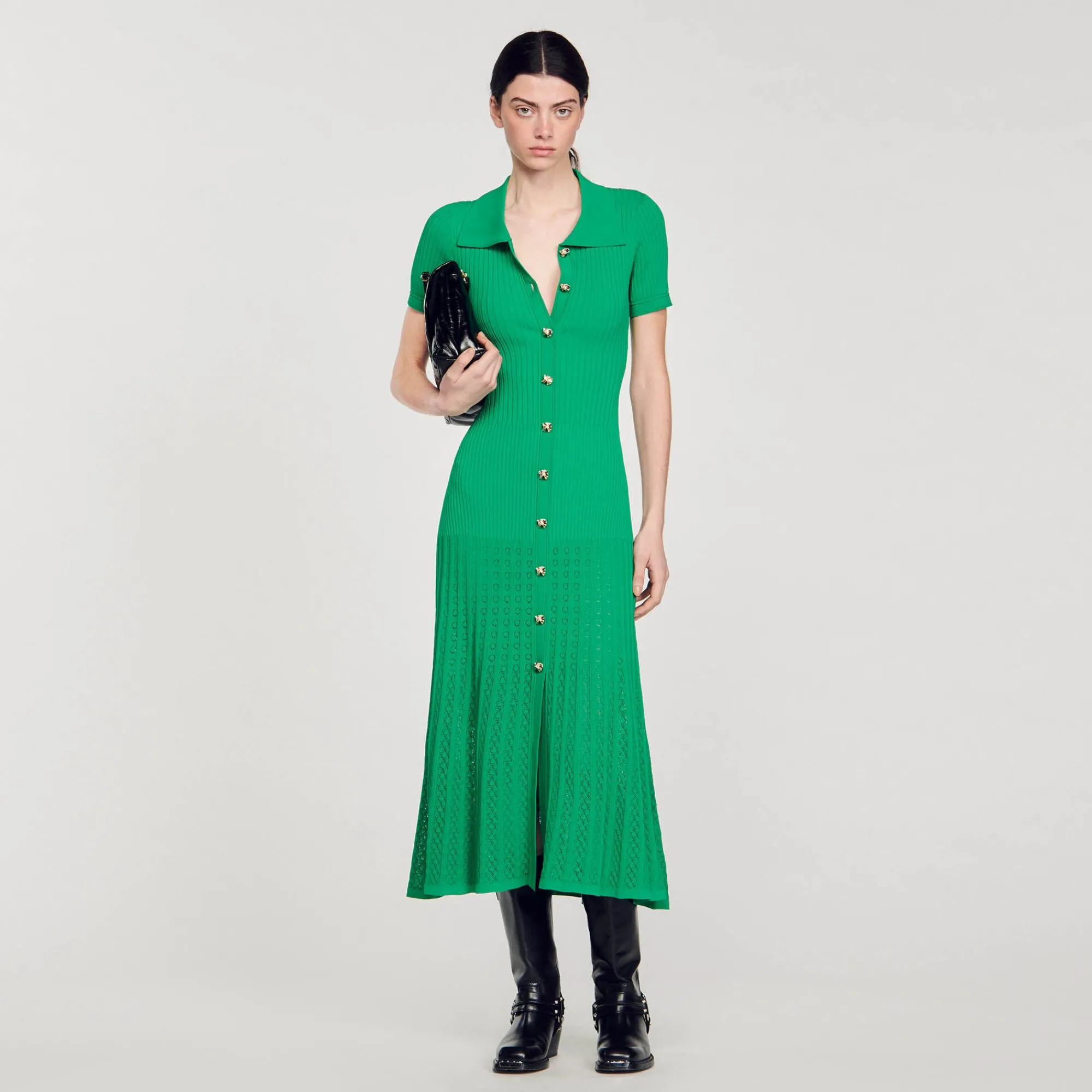 Robes*SANDRO Robe Longue En Maille Côtelée Vert