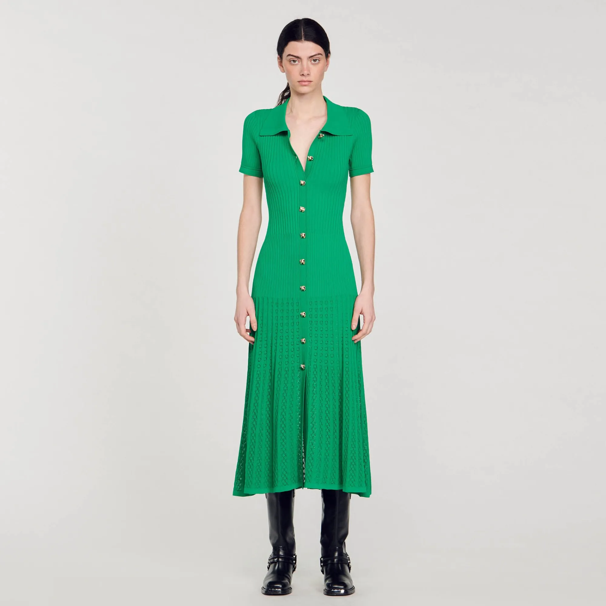 Robes*SANDRO Robe Longue En Maille Côtelée Vert