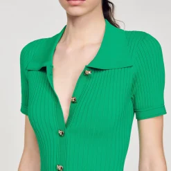 Robes*SANDRO Robe Longue En Maille Côtelée Vert