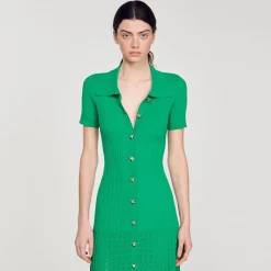 Robes*SANDRO Robe Longue En Maille Côtelée Vert