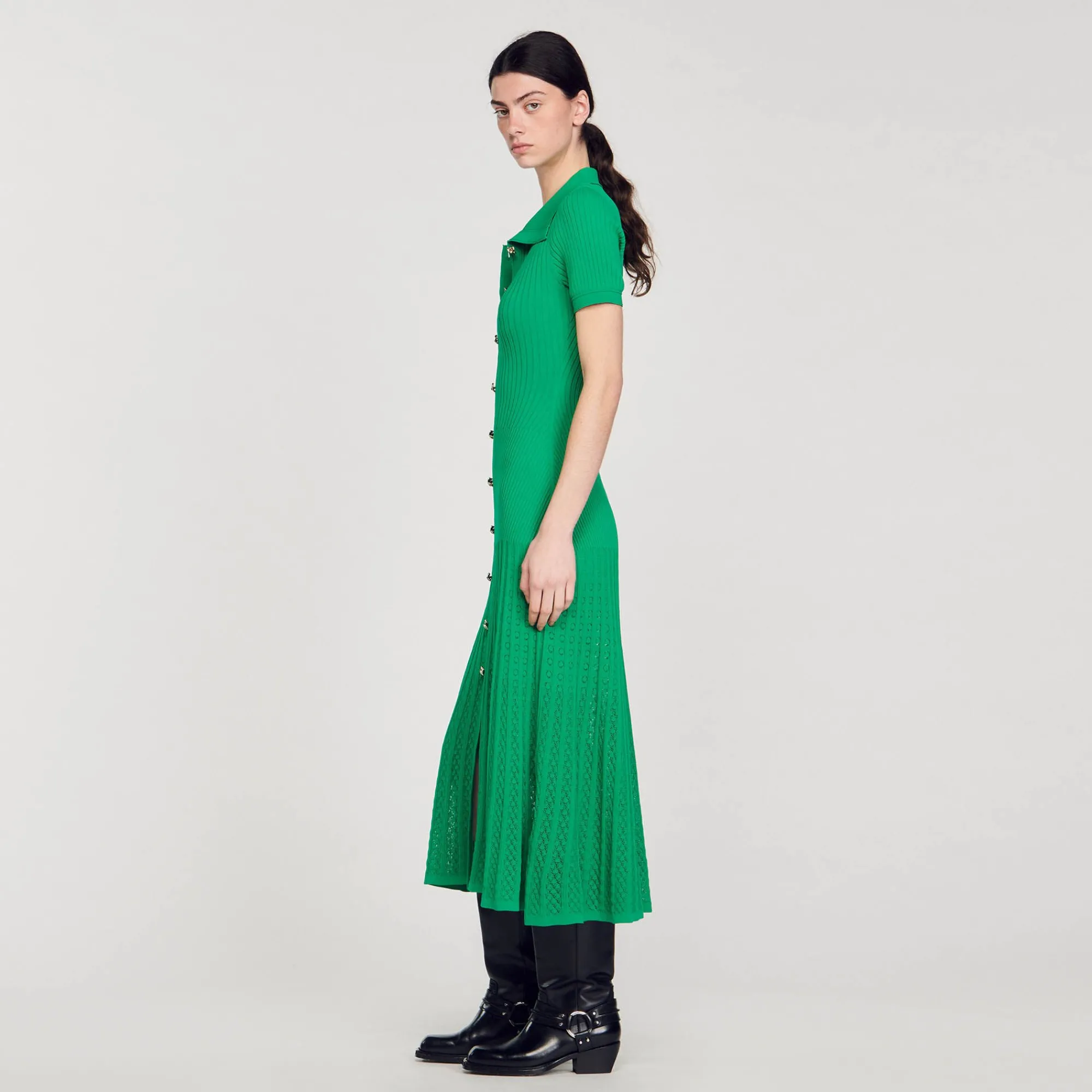 Robes*SANDRO Robe Longue En Maille Côtelée Vert