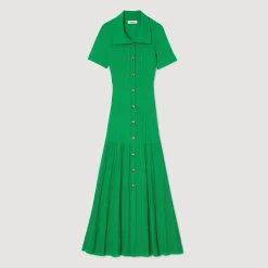 Robes*SANDRO Robe Longue En Maille Côtelée Vert