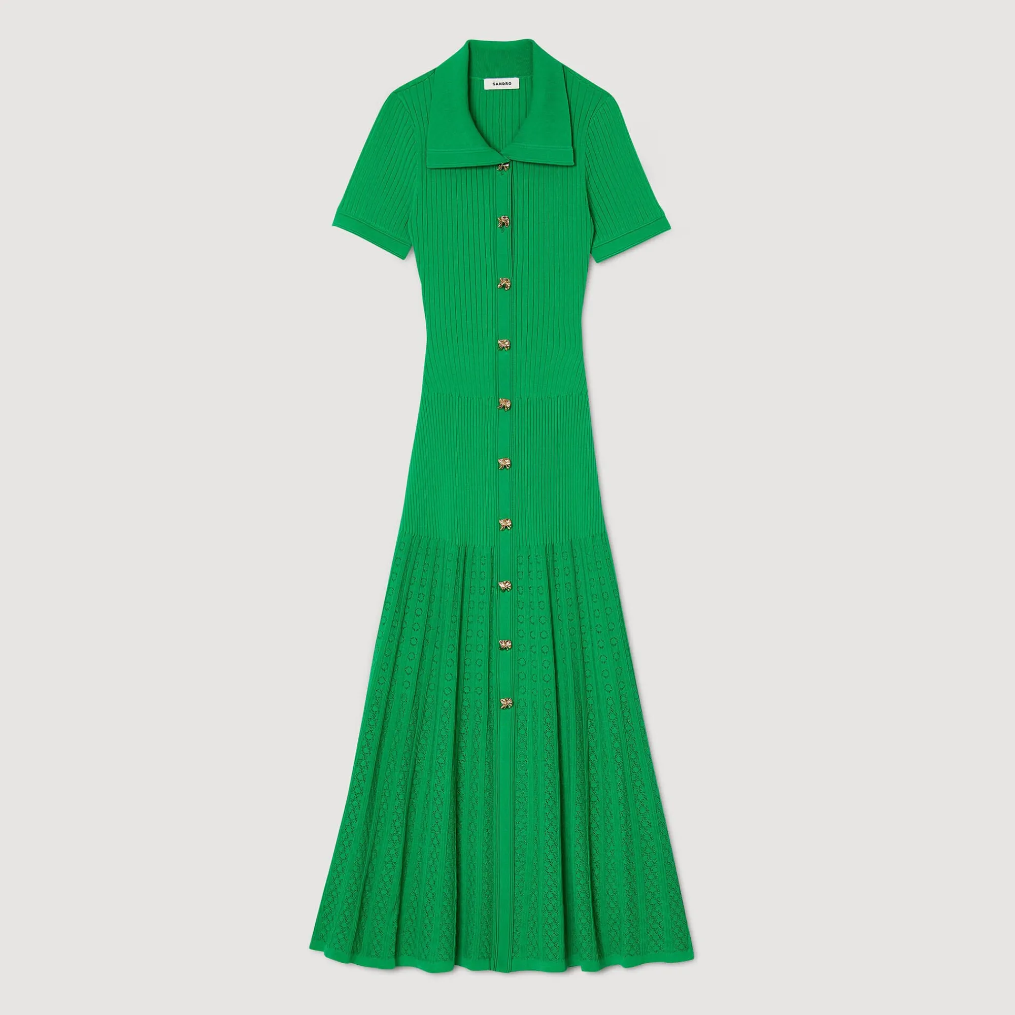 Robes*SANDRO Robe Longue En Maille Côtelée Vert