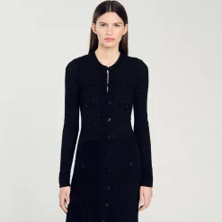 Robes*SANDRO Robe Longue En Maille Effet Velours Noir