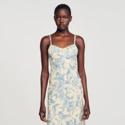 Robes*SANDRO Robe Longue Imprimée Ecru / Bleu