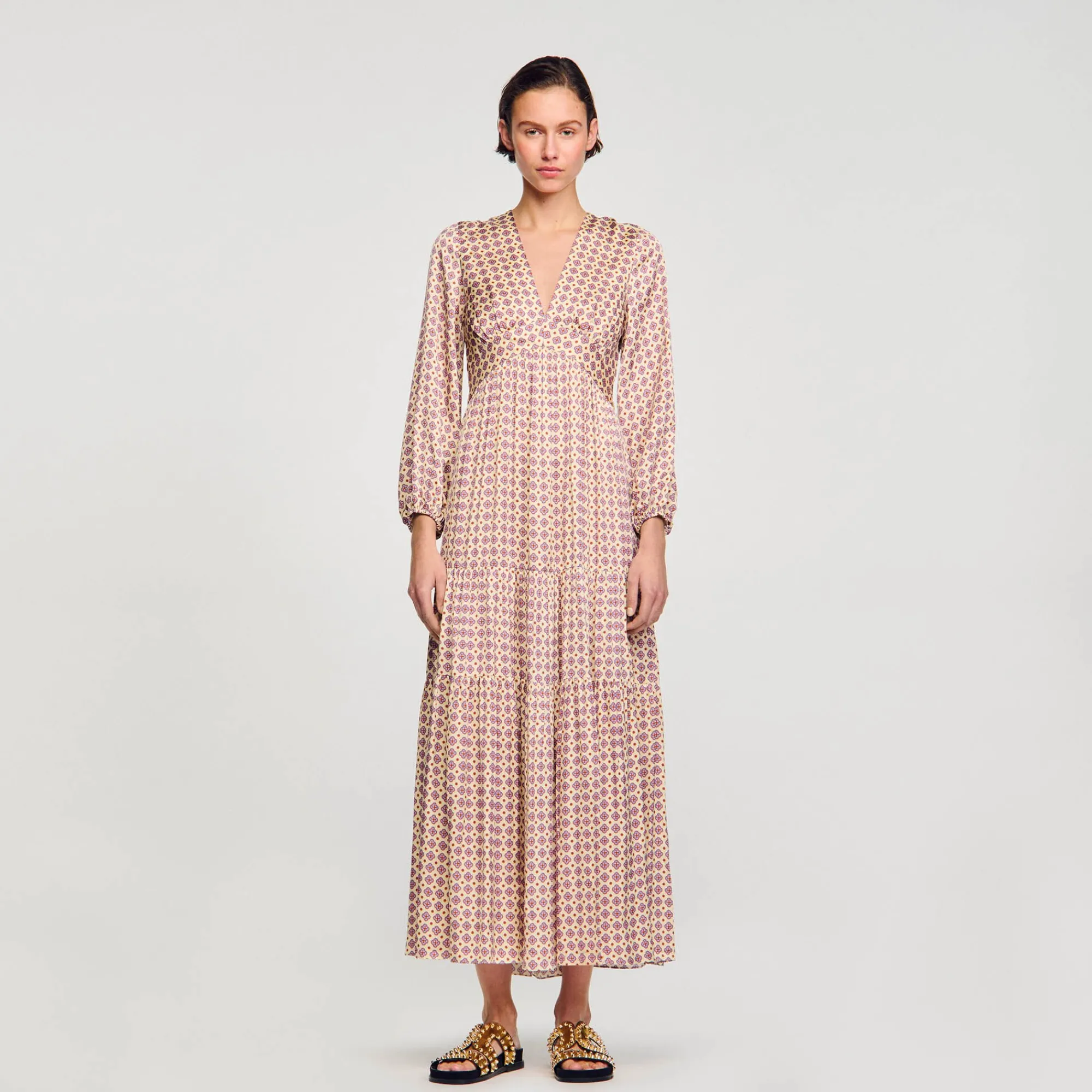 Robes*SANDRO Robe Longue Imprimée Ecru / Rose