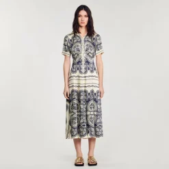 Robes*SANDRO Robe Longue Imprimée Beige / Marine