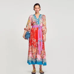 Robes*SANDRO Robe Longue Portefeuille Rouge / Bleu