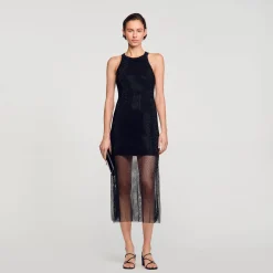 Robes*SANDRO Robe Longue Résille Brillante Noir